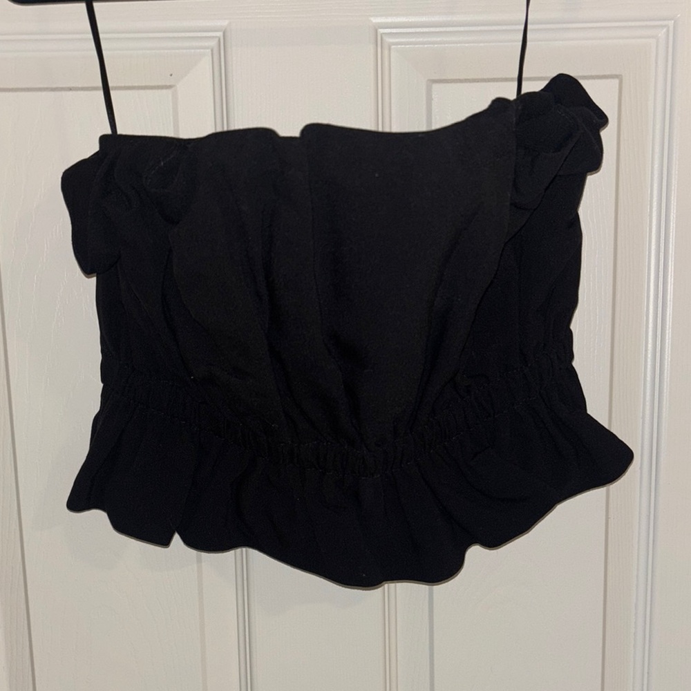 Sezane Black Ruffled Smocked Crop Top